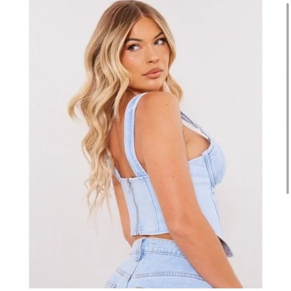 NWT PLT Light Blue Wash Dip Hem Bust Cup Underwire Denim Corset Top y2k - Picture 3 of 10